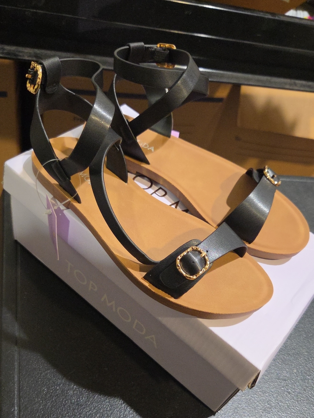 TOP Moda Black Strappy Sandals with Gold Buckle Detail